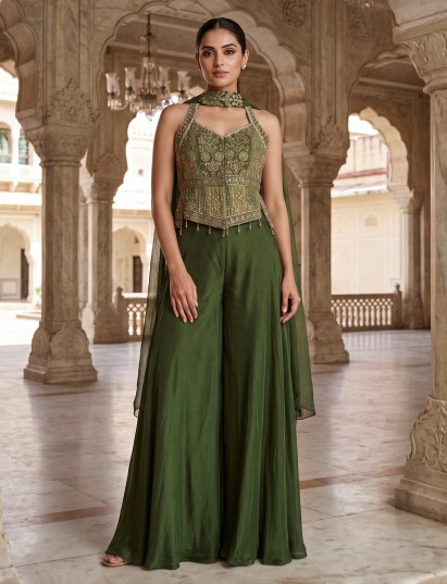 Green halter neck embroidered palazzo suit