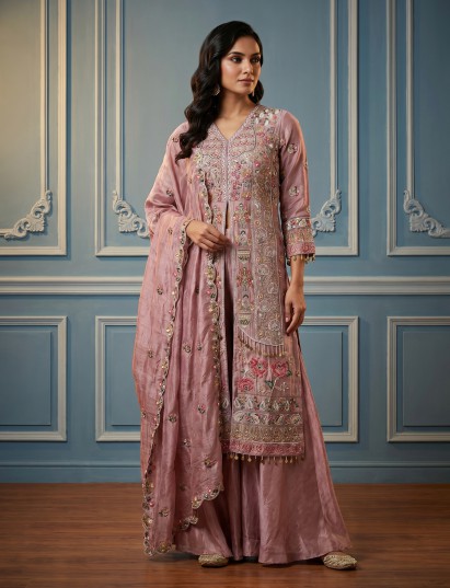 Dusty onion pink embroidered jacket style palazzo suit