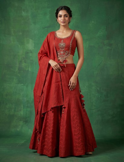 Crimson red embroidered sharara suit