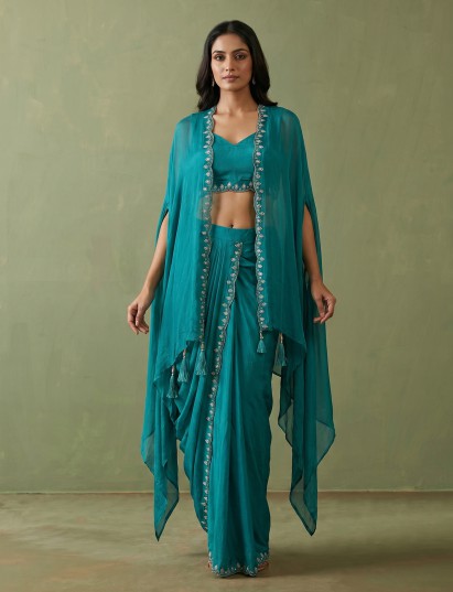 Teal sea green Indo-western dhoti suit design
