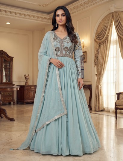 Sky blue silk embroidered floor length suit