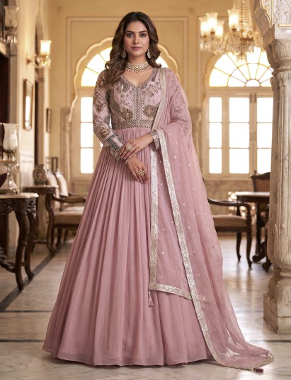Onion pink silk floor length Anarkali suit