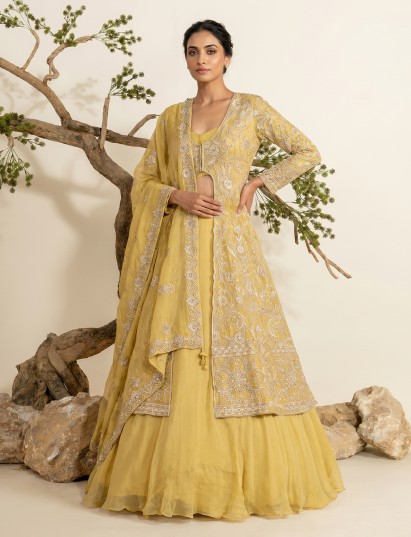 Yellow chiffon wedding wear lehenga suit