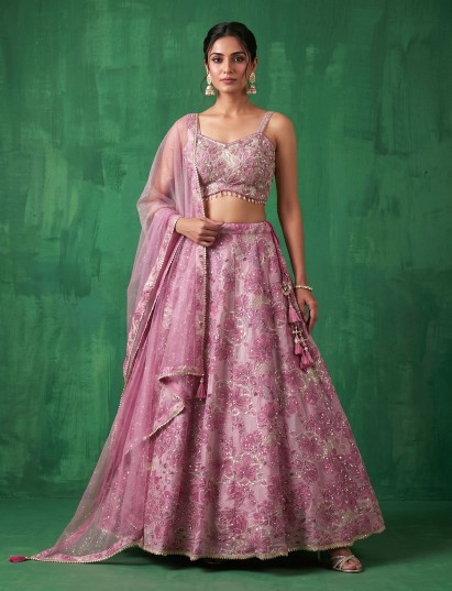 Candy pink embroidered silk lehenga choli with net dupatta