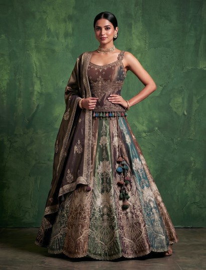 Multi-tone Banarasi silk lehenga choli with tissue dupatta