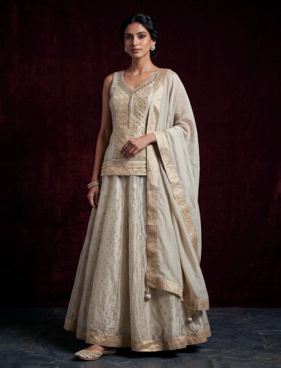 Beige jacquard embellished lehenga choli with tissue dupatta