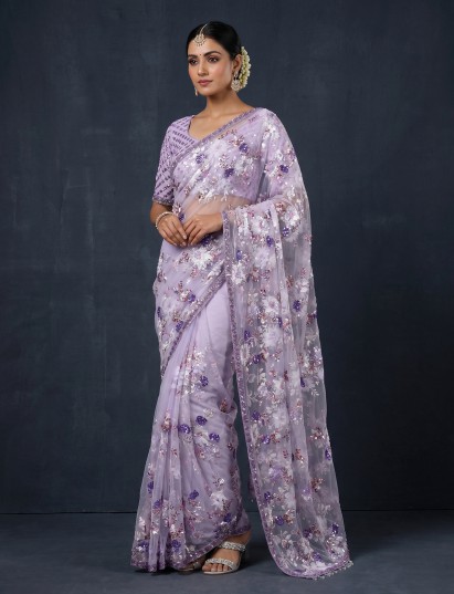 Purple reception wear saree with heavy detailing in net
