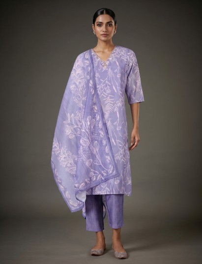Light lavender cotton silk printed kurti set with dupatta