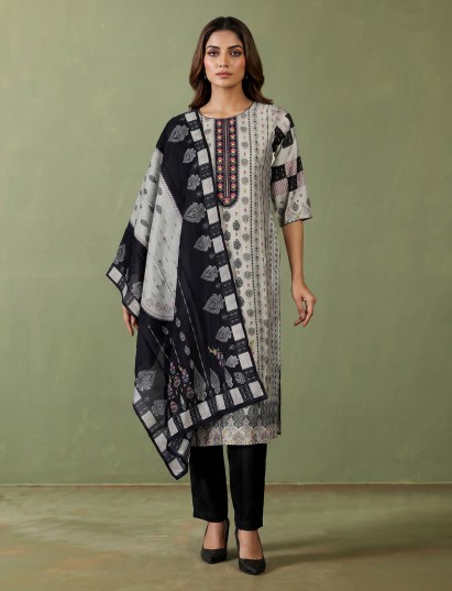 Dusty beige cotton silk kurti set with ethnic print