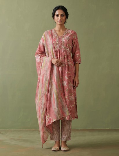 Onion pink cotton silk Nyra cut kurti set