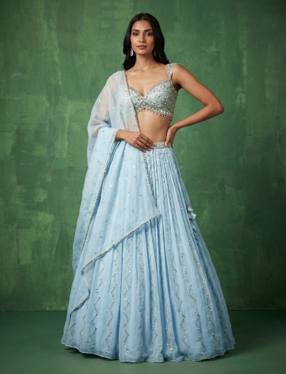 Sky blue chiffon embellished lehenga choli with dupatta