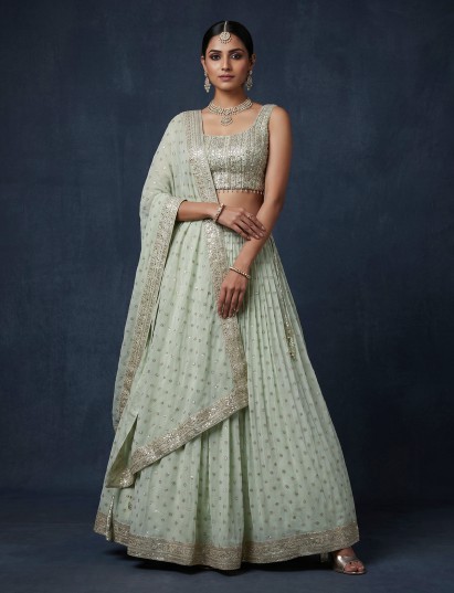 Mint green mirror embellished chiffon lehenga choli