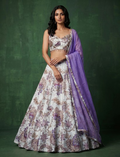 White satin silk embroidered lehenga choli set