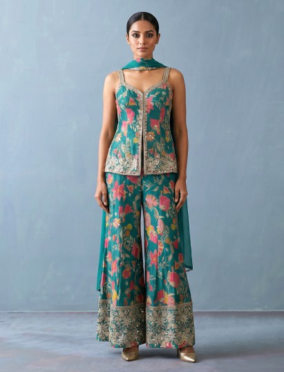 Firozi blue printed silk palazzo suit with designer dupatta