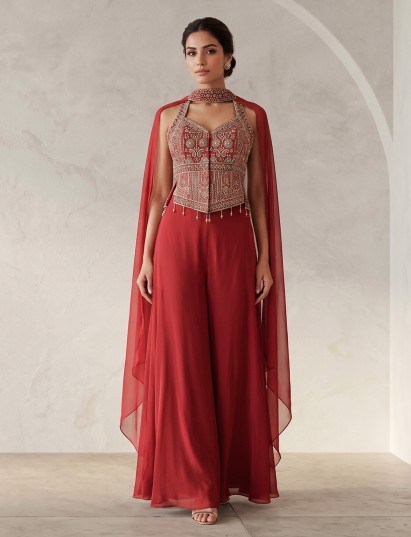 Brown silk halter neck palazzo suit with dupatta
