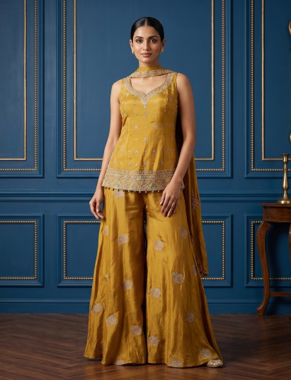 Mustard yellow silk palazzo suit for festive occasions