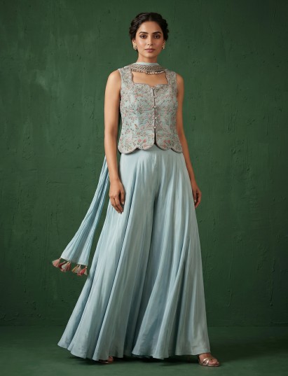 Sky blue silk sleeveless palazzo suit for celebrations