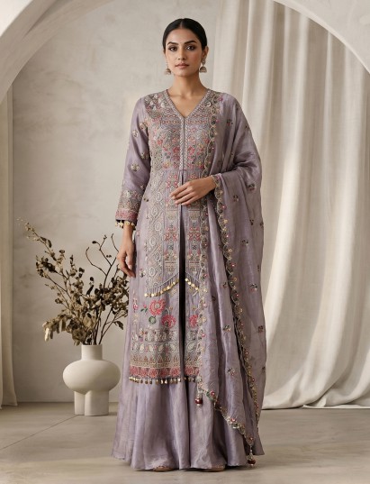 Lavender purple silk embellished palazzo suit design