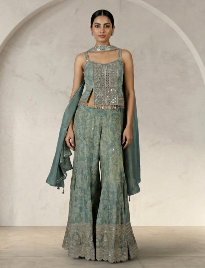 Pastel green floral designer palazzo suit with dupatta
