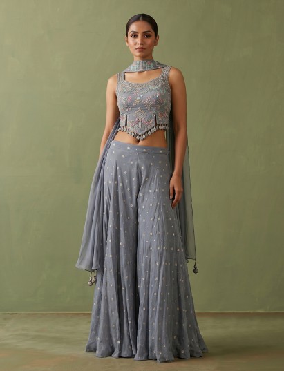 Grey satin silk designer palazzo suit with dupatta