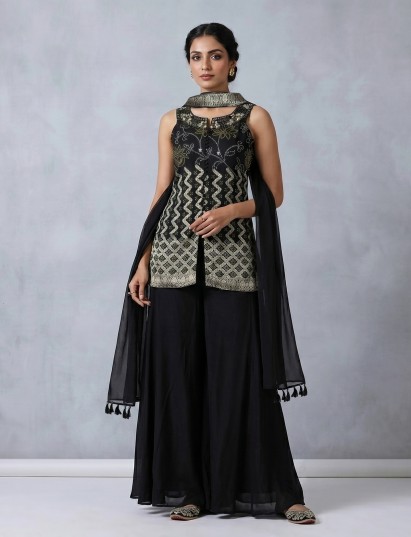Black georgette silk embellished palazzo suit with dupatta