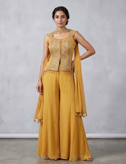 Mustard yellow satin silk designer palazzo suit