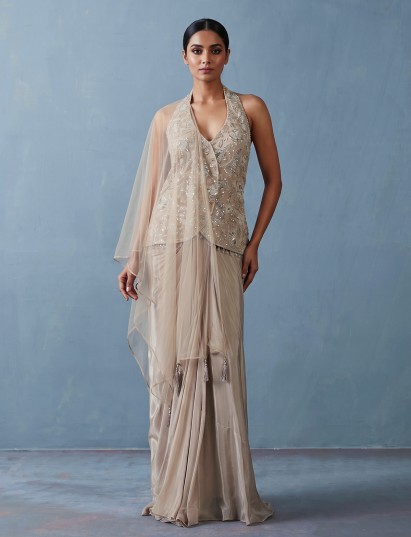 Beige satin silk indowestern designer suit with dupatta