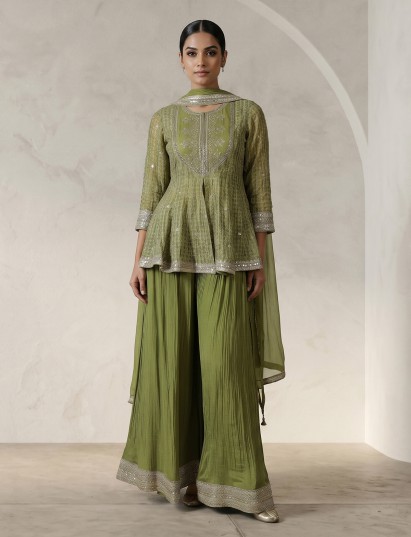Mehendi green silk festive palazzo suit with elegant dupatta
