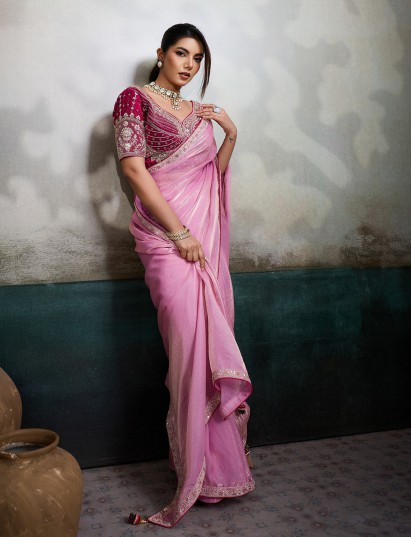 Pink satin saree with embellished magenta blouse