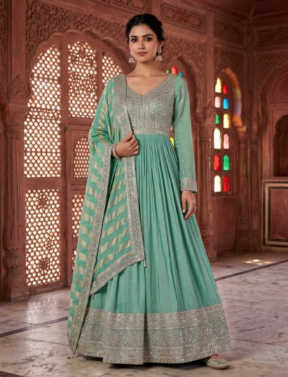 Sea green silk designer anarkali suit with dupatta