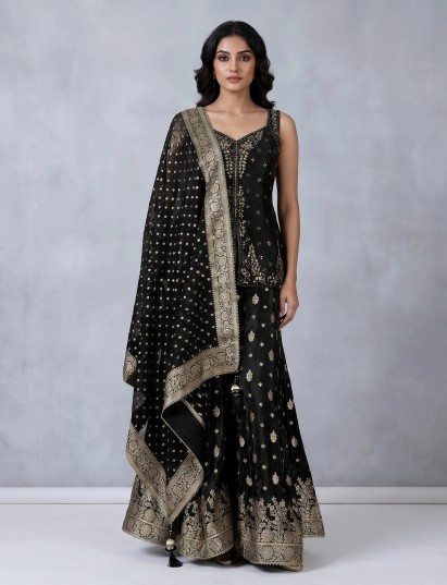Black silk festive palazzo suit with intricate work