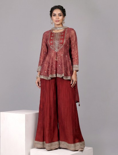 Maroon silk designer palazzo suit with printed dupatta