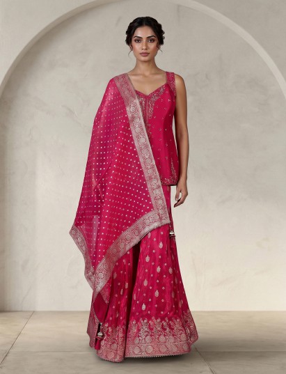 Rani pink silk designer palazzo suit with elegant neckline