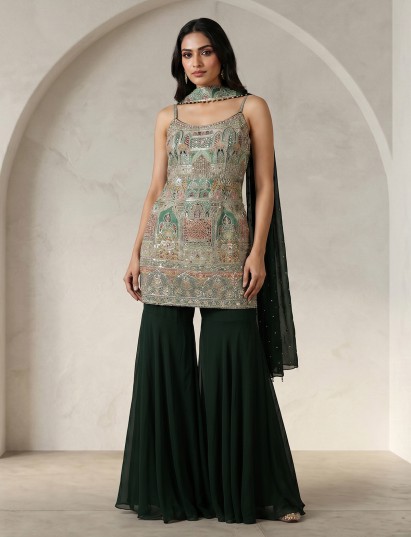 Green sharara suit with silk top and dupatta