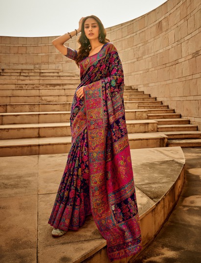 Elegant navy blue persian garden modal silk saree