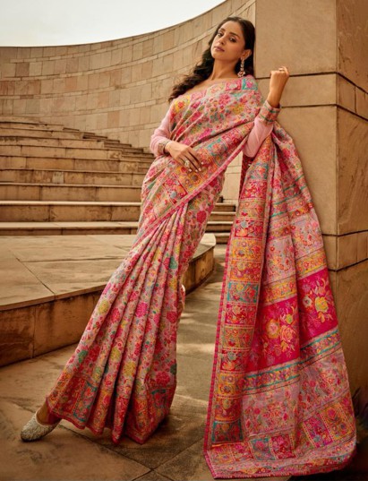 Artistic pink kashmiri floral weave silk saree