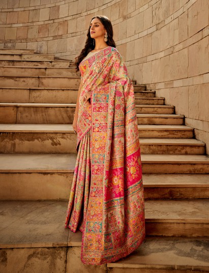 Regal cream kashmiri artistry festive silk saree