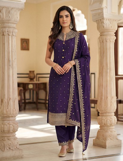 Purple chanderi silk handcrafted sleeveless festive salwar suit