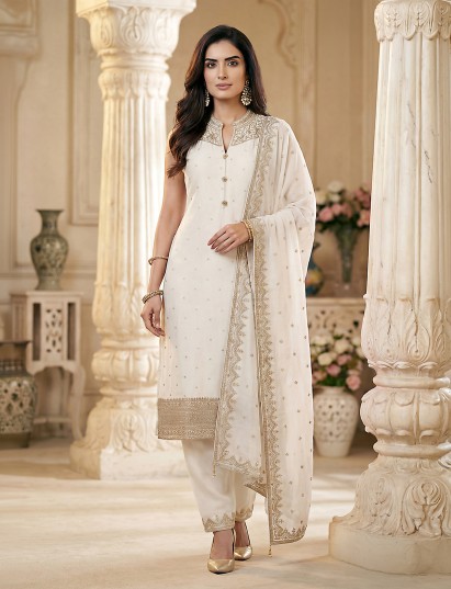 Off white chanderi silk elegant sleeveless embroidered salwar suit