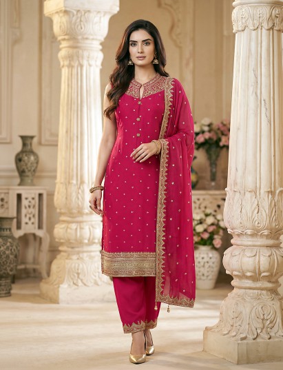 Rani pink chanderi silk sleeveless designer festive salwar suit