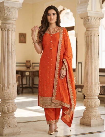 Orange chanderi silk modern sleeveless embroidered salwar suit