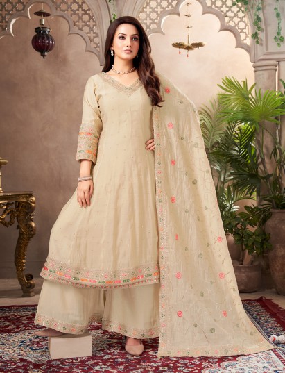 Beige cotton silk graceful embroidered anarkali suit