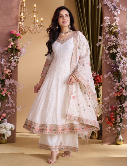 White cotton silk elegant embroidered anarkali suit