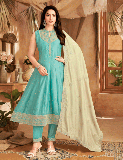 Mint blue slub silk elegant flared anarkali suit