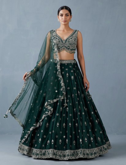 Bottle green raw silk designer lehenga choli