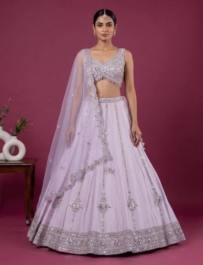 Baby pink raw silk embellished lehenga choli