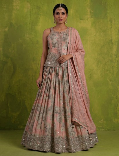 Peach luminous floral couture wedding lehenga statement