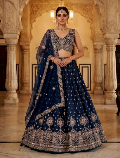 Peacock blue raw silk designer lehenga choli style