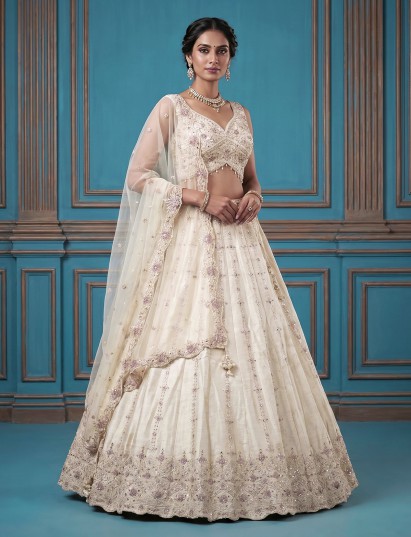 Beige raw silk festive lehenga choli with embroidery
