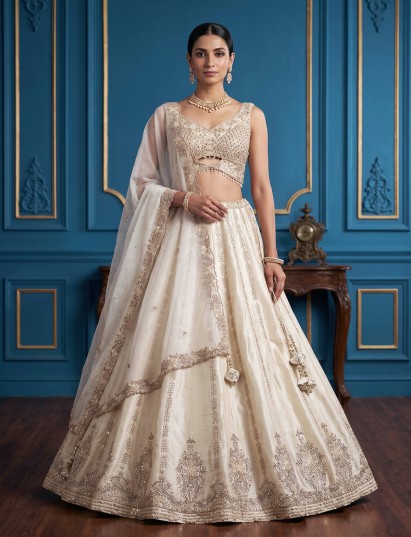 Cream raw silk designer lehenga choli with dupatta